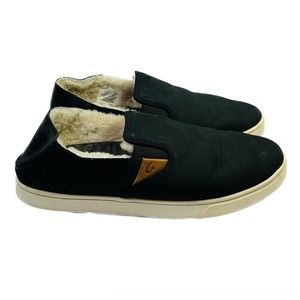 Olukai Pehuea Heu NZ Wool Shearling Lined Black Leather Loafers Womens 9 20391